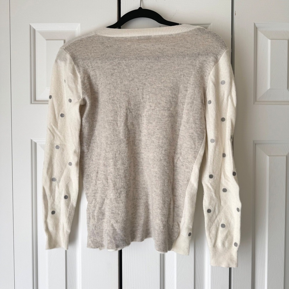 J.Crew Womens V-Neck Sweater Small Cream Grey Polka Dot Colorblock Knit Top - Picture 2 of 4